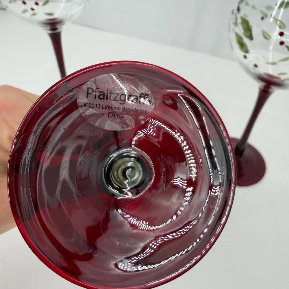 Pfaltzgraff Winterberry Wine Glass Set 3 Clear Red Holiday Holly Berry 8.5 Inch